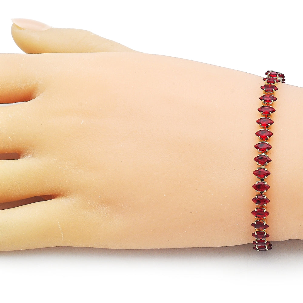 Oro Laminado Tennis Bracelet, Gold Filled Style Cluster Design, with Garnet Cubic Zirconia, Polished, Golden Finish