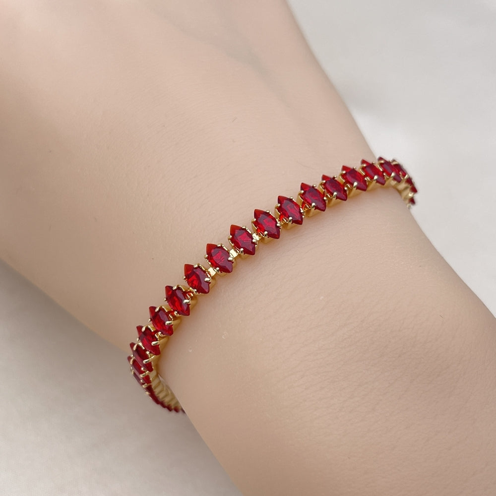 Oro Laminado Tennis Bracelet, Gold Filled Style Cluster Design, with Garnet Cubic Zirconia, Polished, Golden Finish
