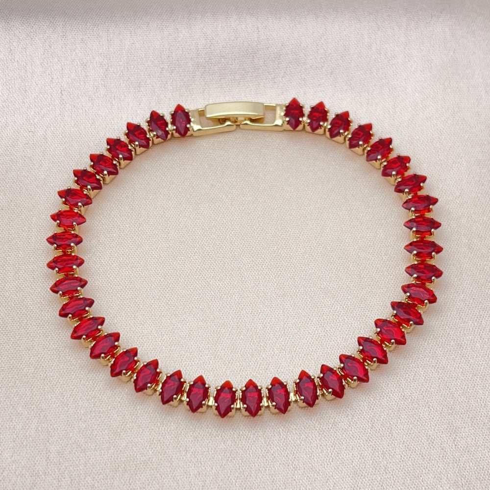 Oro Laminado Tennis Bracelet, Gold Filled Style Cluster Design, with Garnet Cubic Zirconia, Polished, Golden Finish