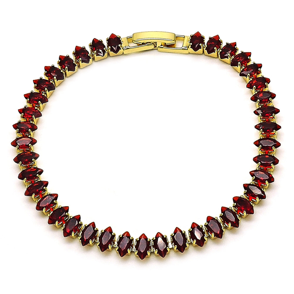 Oro Laminado Tennis Bracelet, Gold Filled Style Cluster Design, with Garnet Cubic Zirconia, Polished, Golden Finish