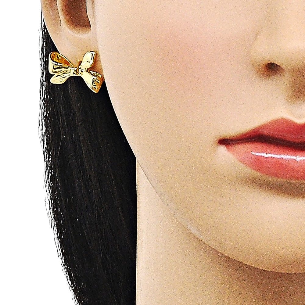Oro Laminado Stud Earring, Gold Filled Style Bow Design, Polished, Golden Finish