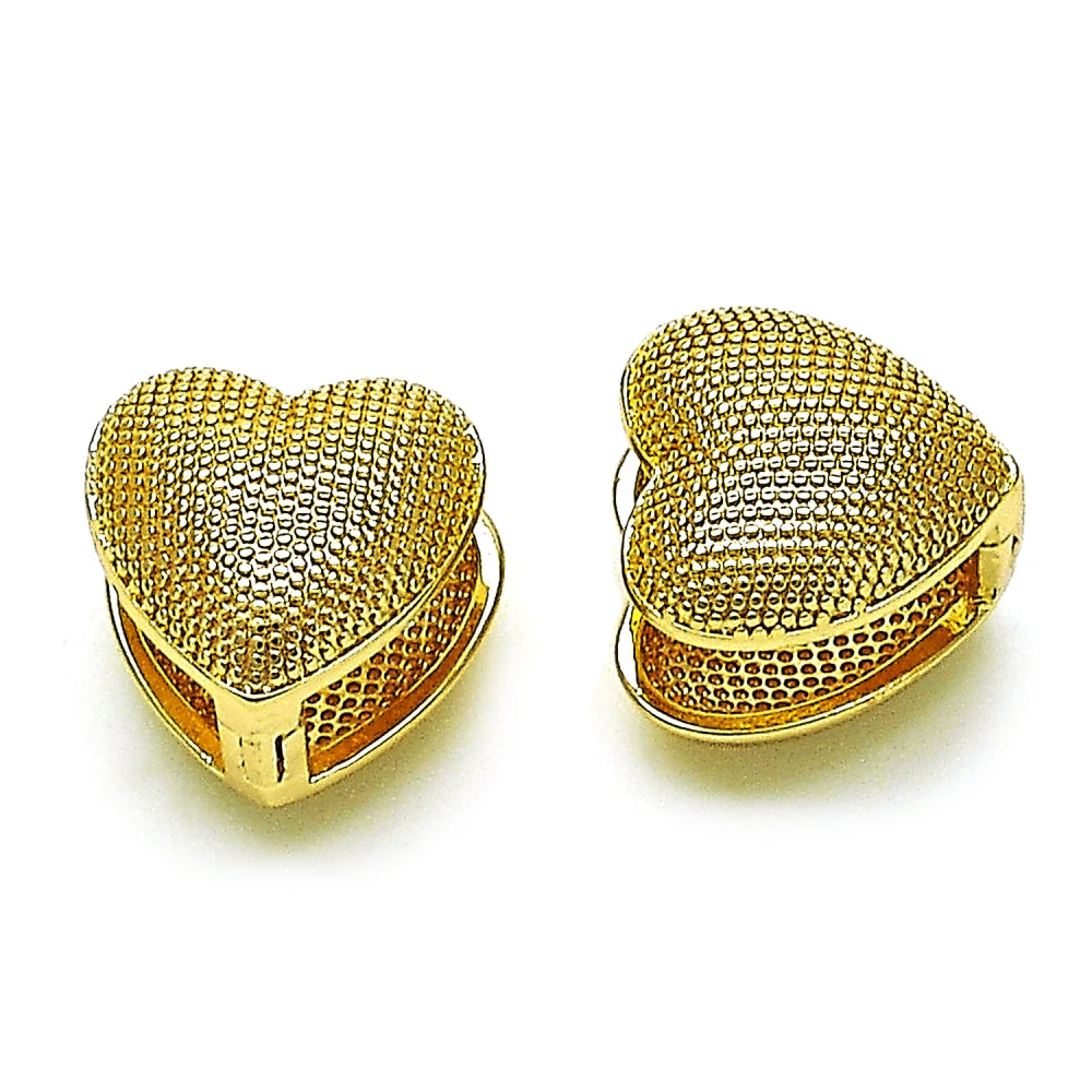 Oro Laminado Huggie Hoop, Gold Filled Style Heart Design, Diamond Cutting Finish, Golden Finish