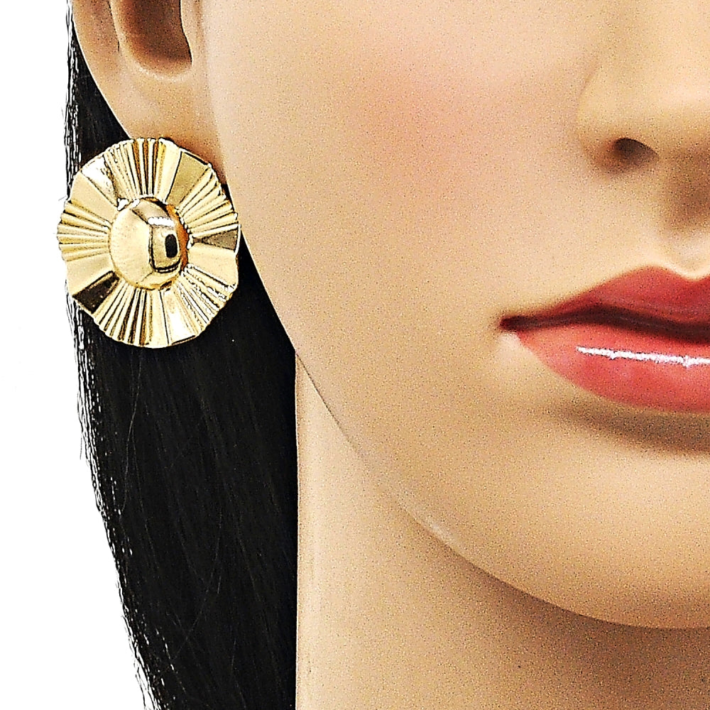 Oro Laminado Stud Earring, Gold Filled Style Sun Design, Diamond Cutting Finish, Golden Finish