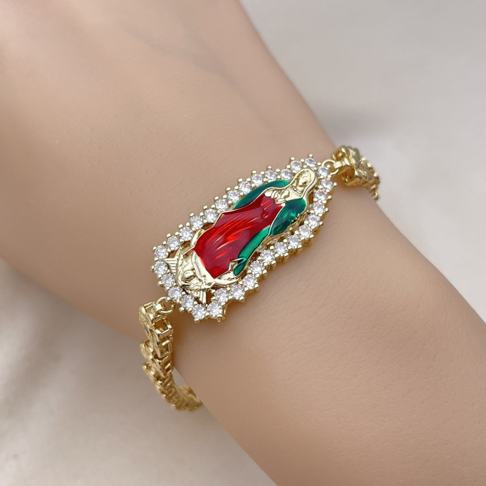 Oro Laminado Solid Bracelet, Gold Filled Style Guadalupe and Flower Design, with White Cubic Zirconia, Polished, Tricolor