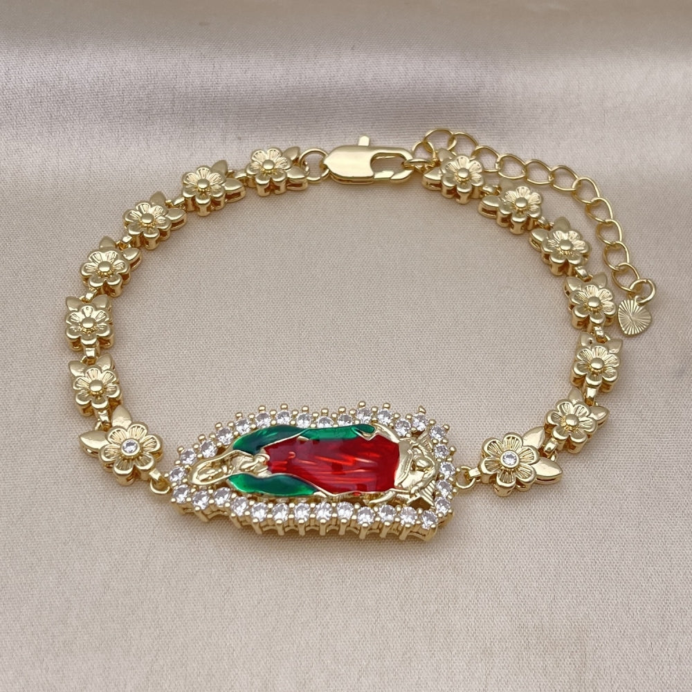Oro Laminado Solid Bracelet, Gold Filled Style Guadalupe and Flower Design, with White Cubic Zirconia, Polished, Tricolor