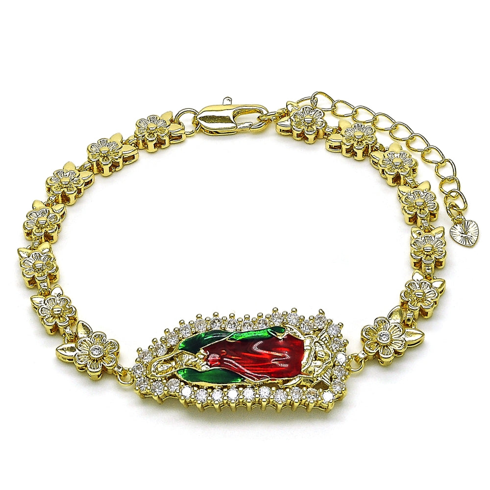 Oro Laminado Solid Bracelet, Gold Filled Style Guadalupe and Flower Design, with White Cubic Zirconia, Polished, Tricolor