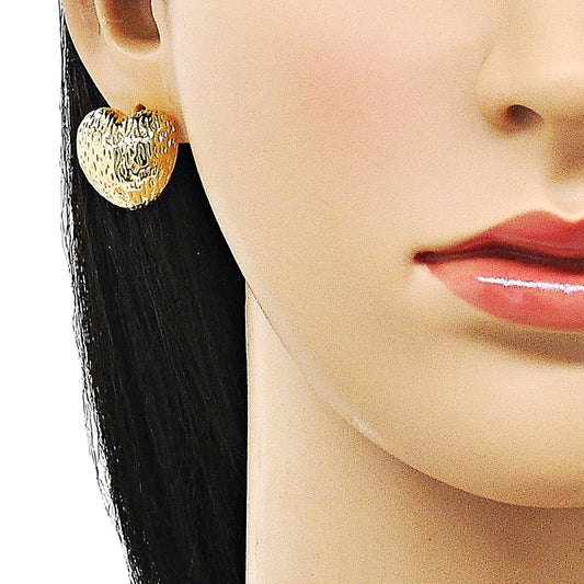 Oro Laminado Stud Earring, Gold Filled Style Heart Design, Diamond Cutting Finish, Golden Finish