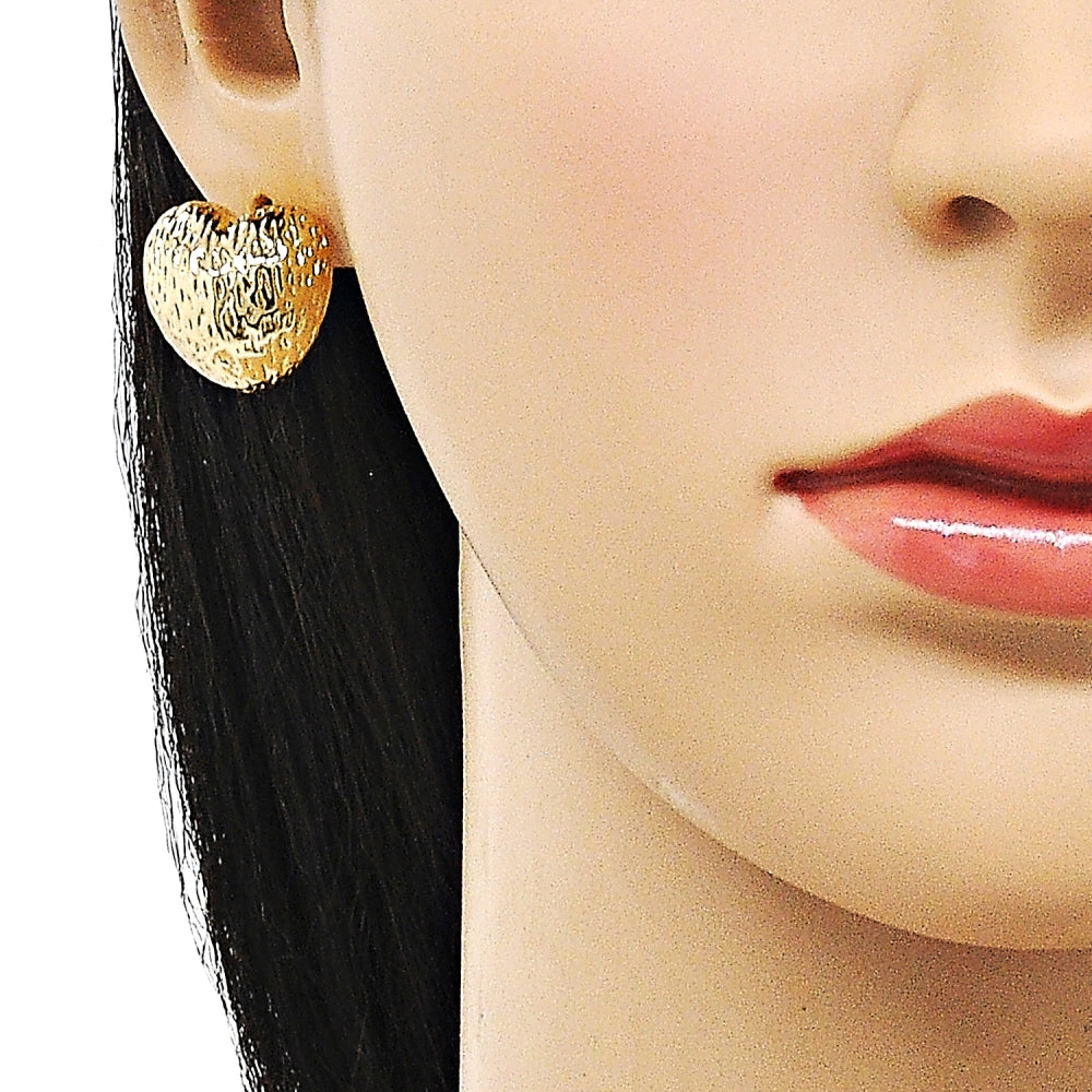Oro Laminado Stud Earring, Gold Filled Style Heart Design, Diamond Cutting Finish, Golden Finish