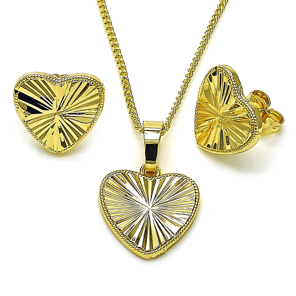 Oro Laminado Earring and Pendant Adult Set, Gold Filled Style Heart Design, Diamond Cutting Finish, Golden Finish