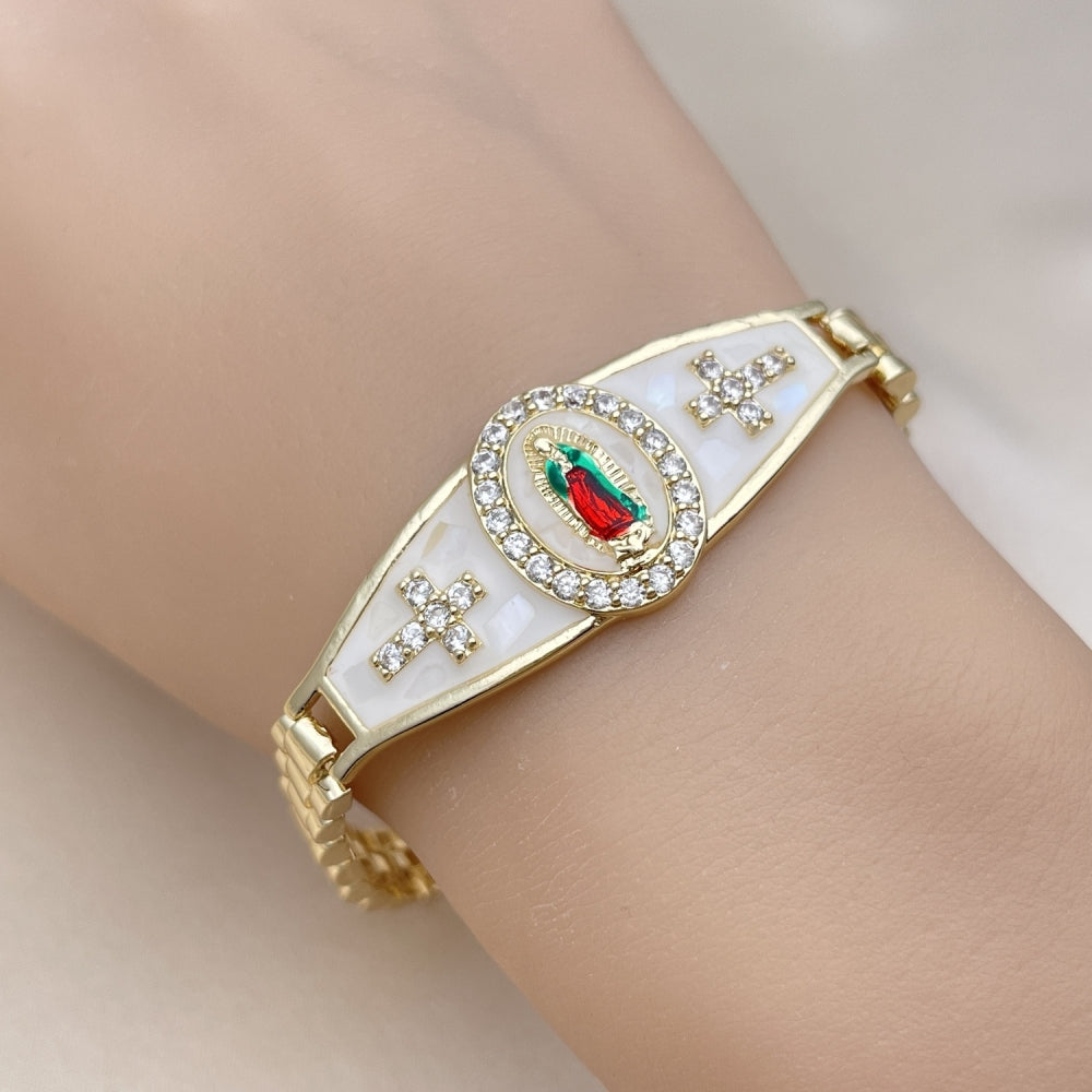 Oro Laminado Fancy Bracelet, Gold Filled Style Guadalupe and Cross Design, with White Cubic Zirconia, White Enamel Finish, Tricolor