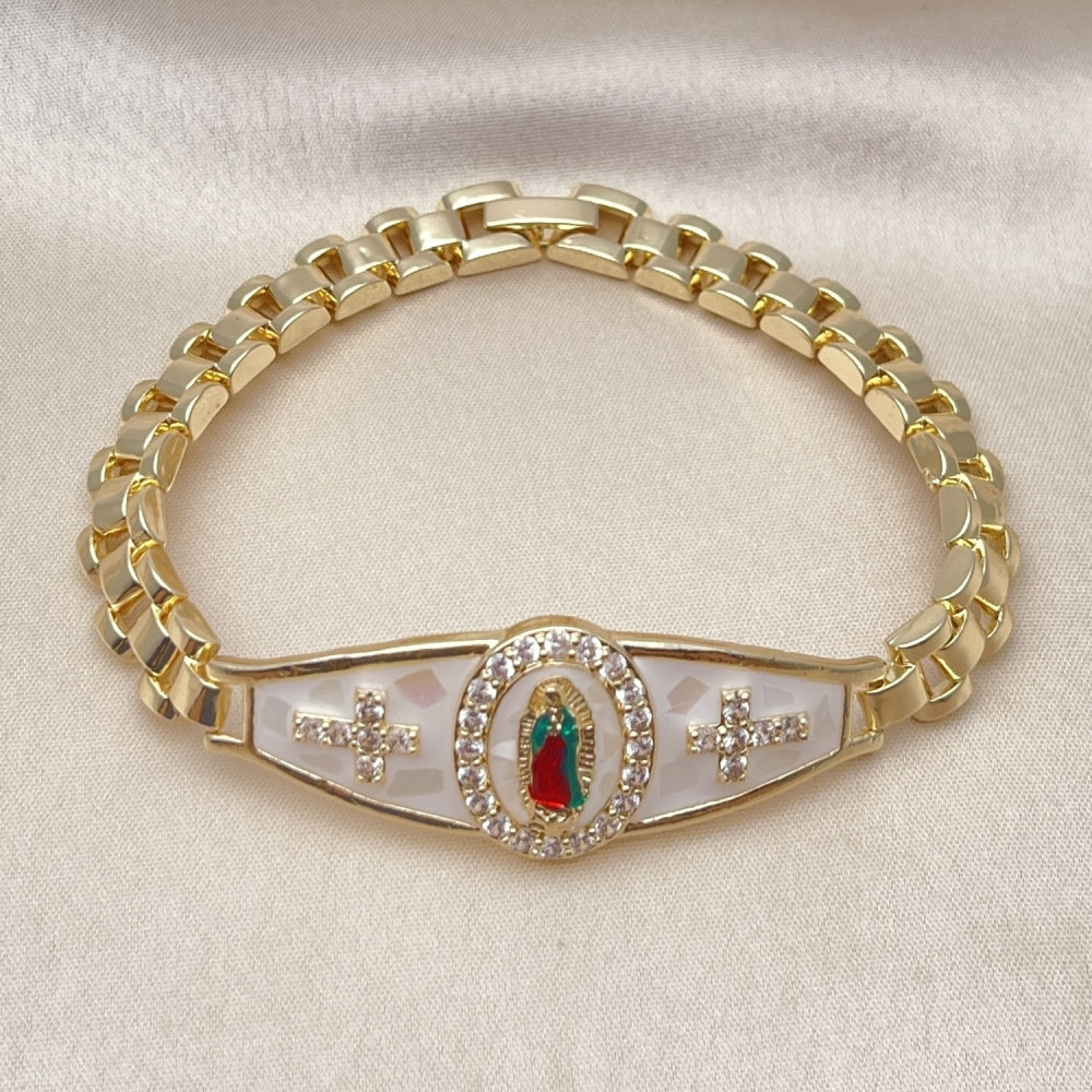 Oro Laminado Fancy Bracelet, Gold Filled Style Guadalupe and Cross Design, with White Cubic Zirconia, White Enamel Finish, Tricolor