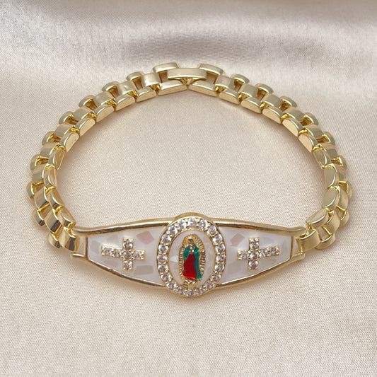 Oro Laminado Fancy Bracelet, Gold Filled Style Guadalupe and Cross Design, with White Cubic Zirconia, White Enamel Finish, Tricolor