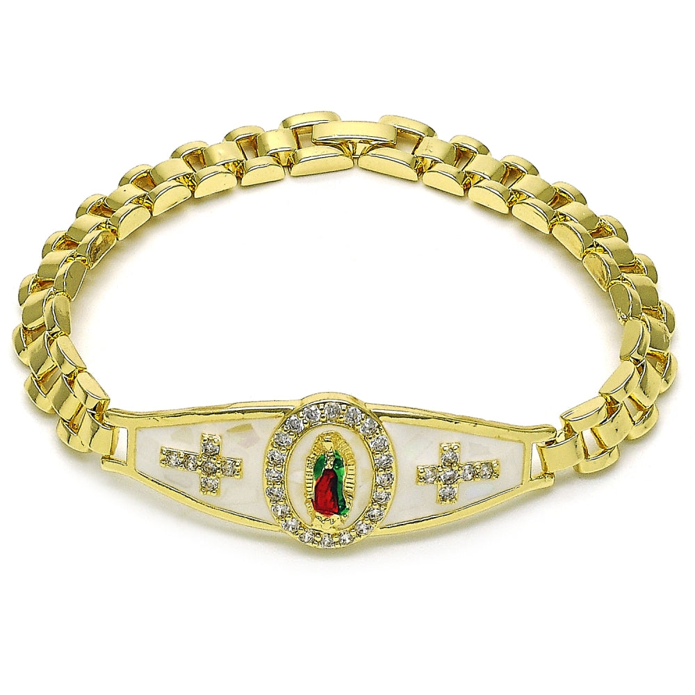 Oro Laminado Fancy Bracelet, Gold Filled Style Guadalupe and Cross Design, with White Cubic Zirconia, White Enamel Finish, Tricolor