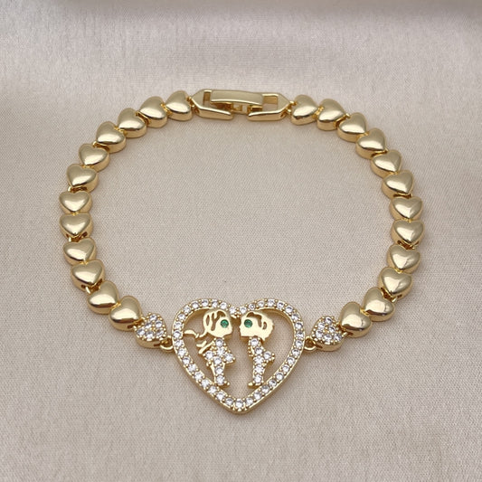Oro Laminado Fancy Bracelet, Gold Filled Style Heart and Little Girl Design, with White and Green Cubic Zirconia, Polished, Golden Finish