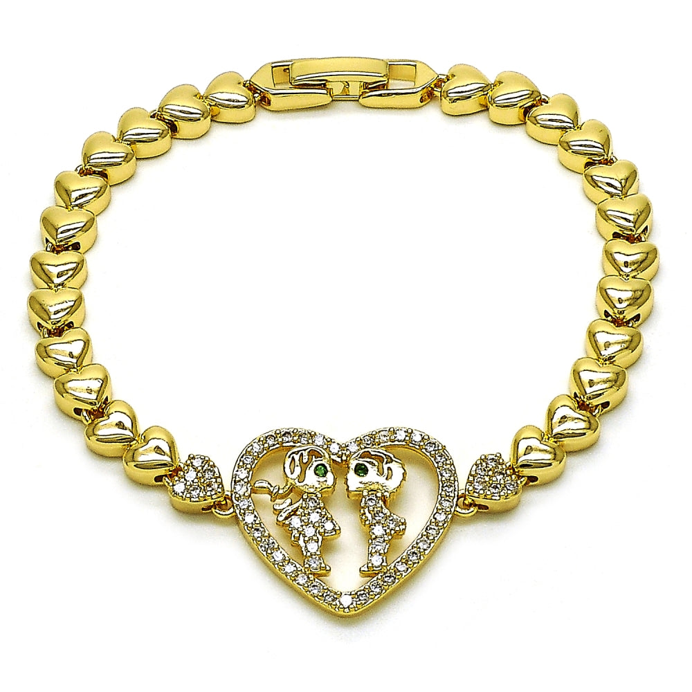 Oro Laminado Fancy Bracelet, Gold Filled Style Heart and Little Girl Design, with White and Green Cubic Zirconia, Polished, Golden Finish