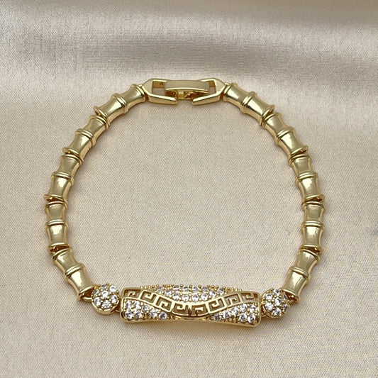 Oro Laminado Fancy Bracelet, Gold Filled Style Bamboo and Greek Key Design, with White Cubic Zirconia, Polished, Golden Finish