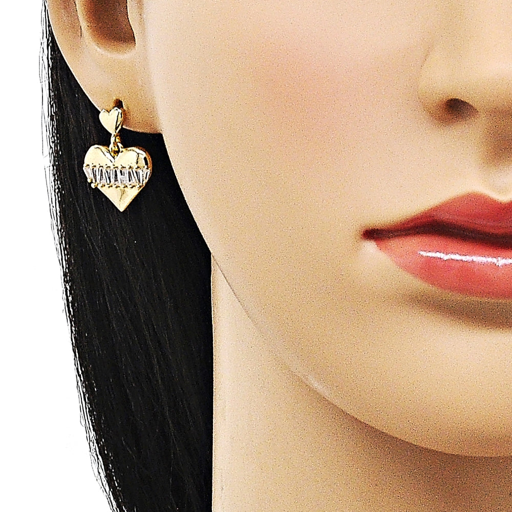 Oro Laminado Dangle Earring, Gold Filled Style Heart and Baguette Design, with White Cubic Zirconia, Polished, Golden Finish