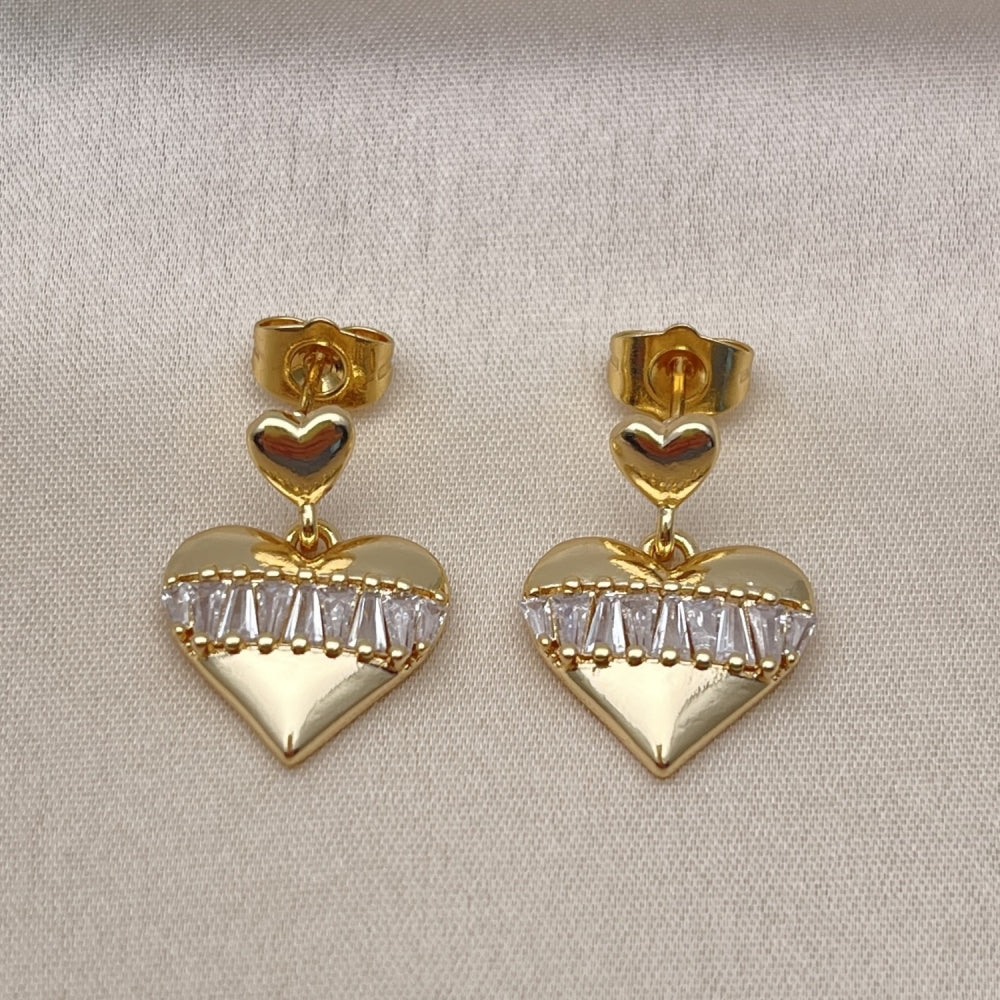 Oro Laminado Dangle Earring, Gold Filled Style Heart and Baguette Design, with White Cubic Zirconia, Polished, Golden Finish