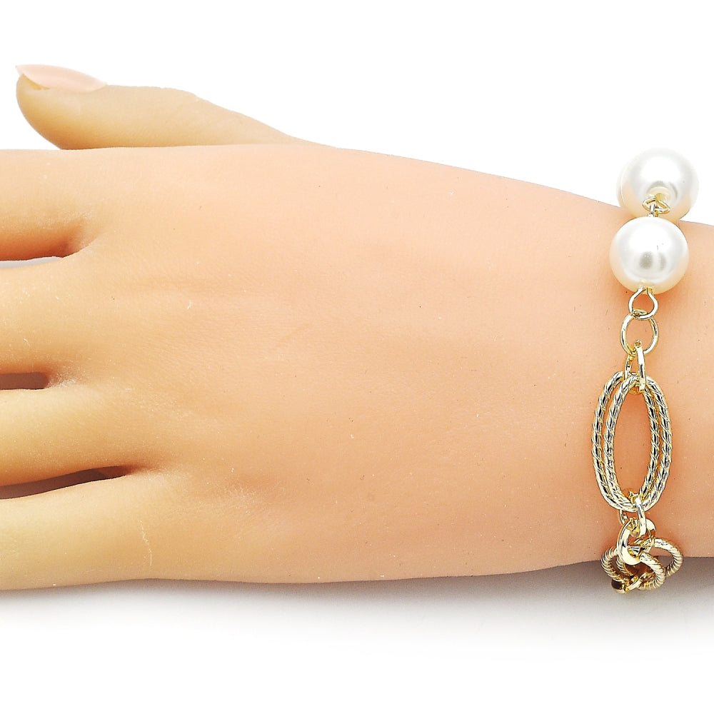 Oro Laminado Fancy Bracelet, Gold Filled Style Ball Design, with Ivory Pearl, Diamond Cutting Finish, Golden Finish