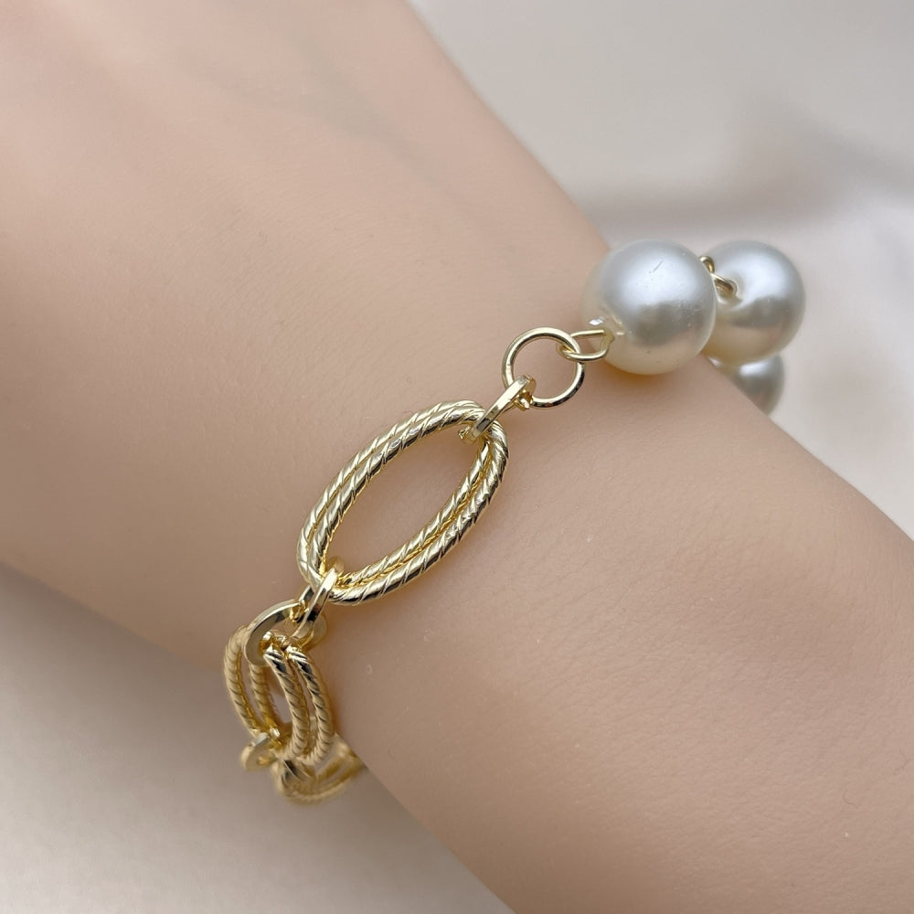 Oro Laminado Fancy Bracelet, Gold Filled Style Ball Design, with Ivory Pearl, Diamond Cutting Finish, Golden Finish