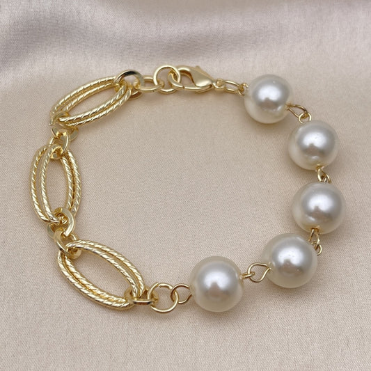 Oro Laminado Fancy Bracelet, Gold Filled Style Ball Design, with Ivory Pearl, Diamond Cutting Finish, Golden Finish