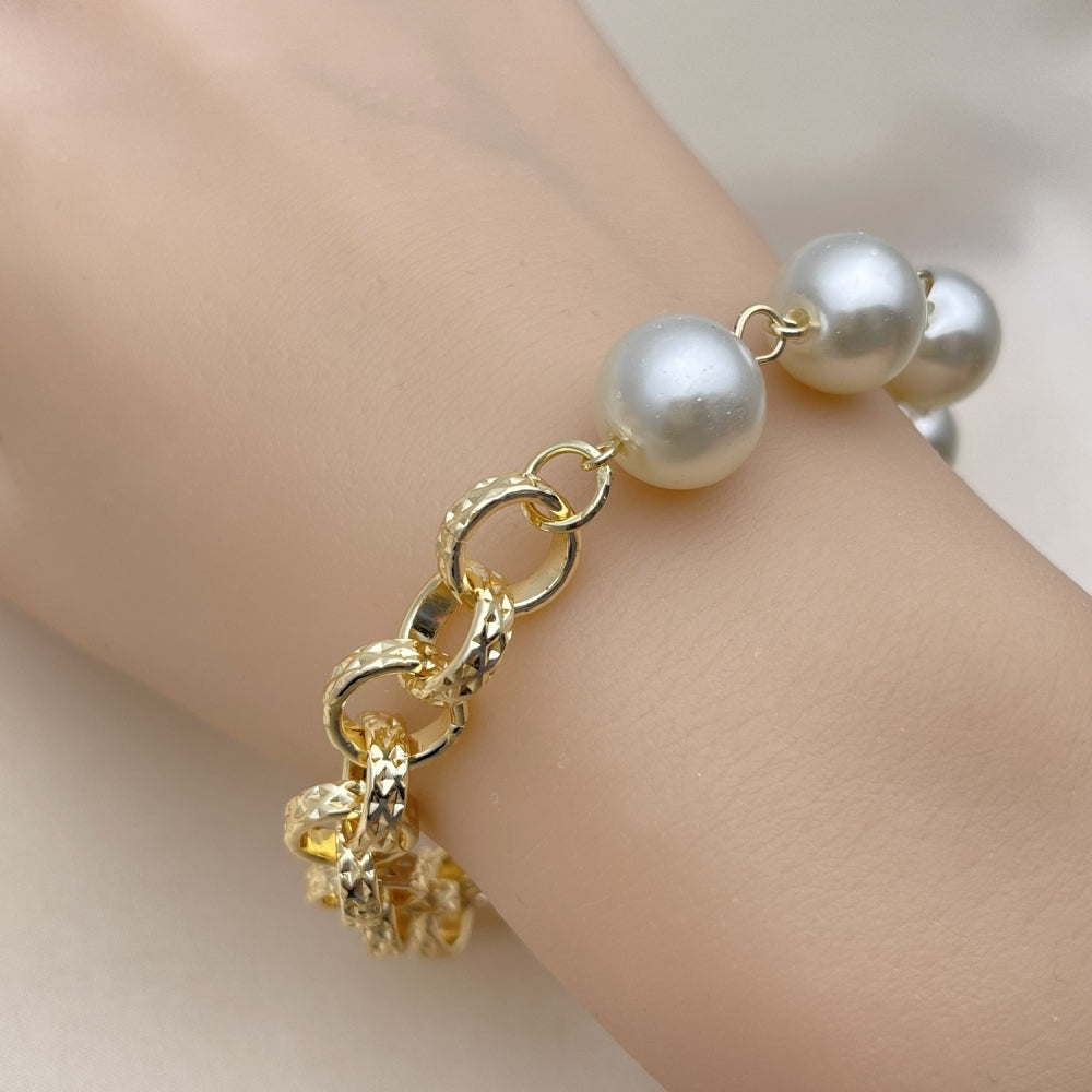 Oro Laminado Fancy Bracelet, Gold Filled Style Rolo and Ball Design, with Ivory Pearl, Diamond Cutting Finish, Golden Finish