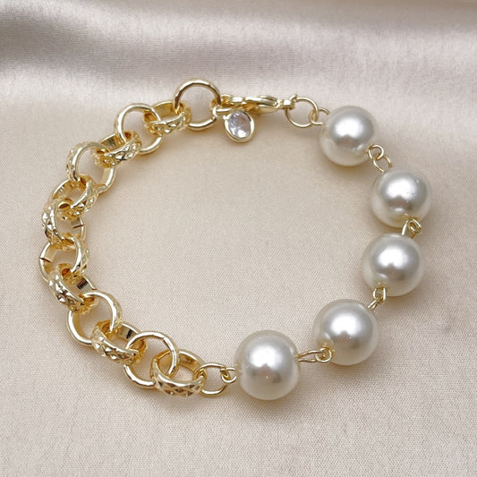 Oro Laminado Fancy Bracelet, Gold Filled Style Rolo and Ball Design, with Ivory Pearl, Diamond Cutting Finish, Golden Finish