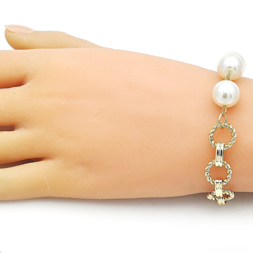 Oro Laminado Fancy Bracelet, Gold Filled Style Ball and Twist Design, with Ivory Pearl, Diamond Cutting Finish, Golden Finish