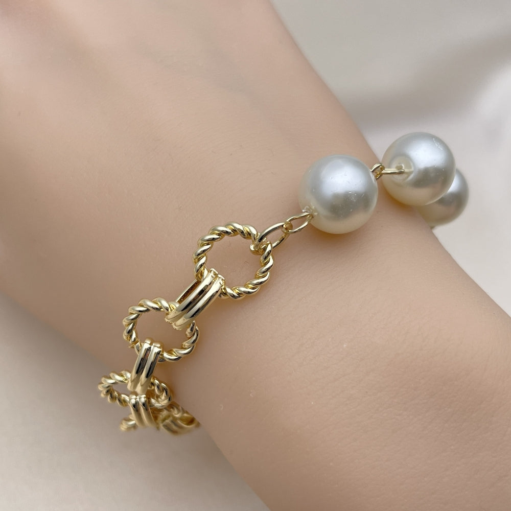 Oro Laminado Fancy Bracelet, Gold Filled Style Ball and Twist Design, with Ivory Pearl, Diamond Cutting Finish, Golden Finish