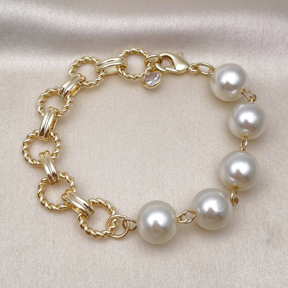 Oro Laminado Fancy Bracelet, Gold Filled Style Ball and Twist Design, with Ivory Pearl, Diamond Cutting Finish, Golden Finish