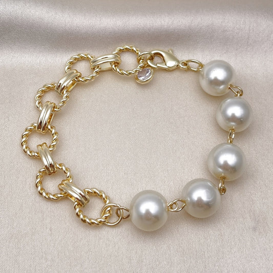 Oro Laminado Fancy Bracelet, Gold Filled Style Ball and Twist Design, with Ivory Pearl, Diamond Cutting Finish, Golden Finish