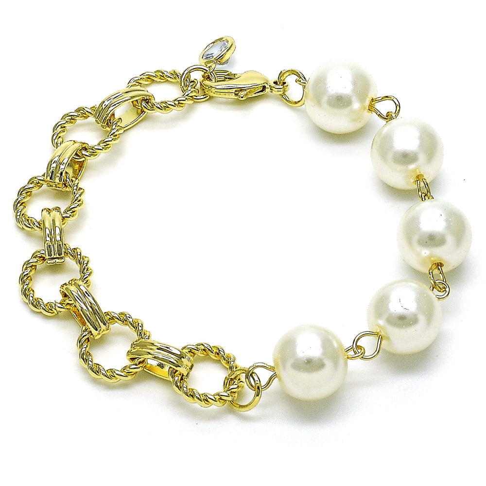 Oro Laminado Fancy Bracelet, Gold Filled Style Ball and Twist Design, with Ivory Pearl, Diamond Cutting Finish, Golden Finish