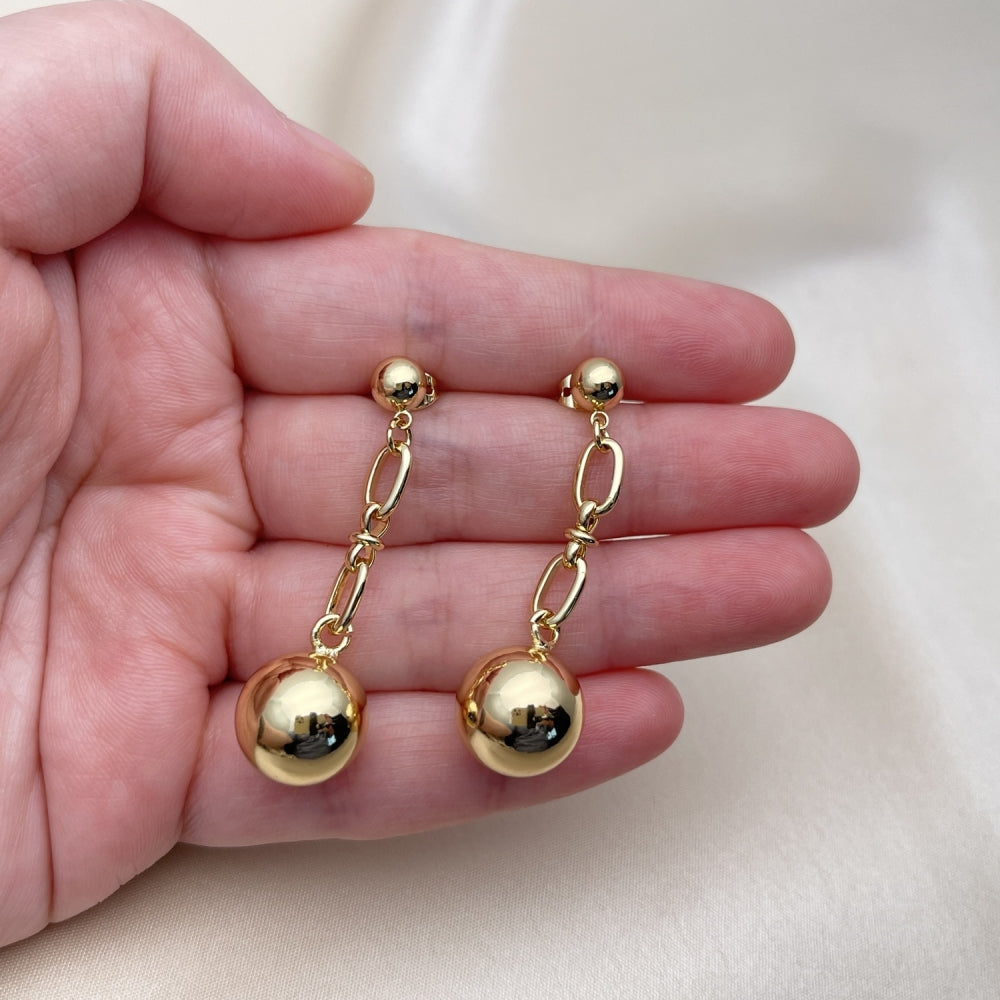 Oro Laminado Long Earring, Gold Filled Style Ball Design, Polished, Golden Finish