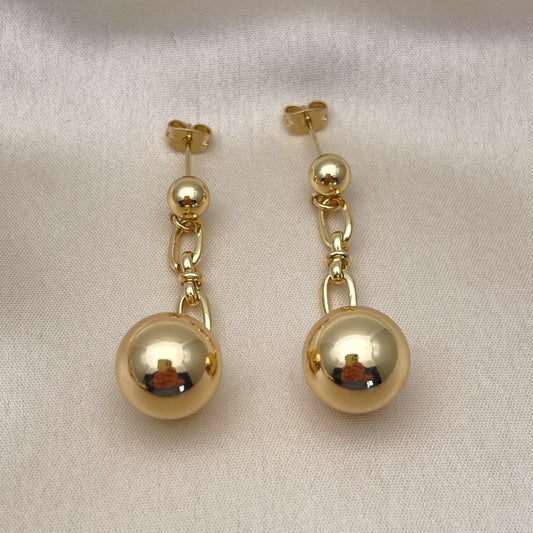 Oro Laminado Long Earring, Gold Filled Style Ball Design, Polished, Golden Finish