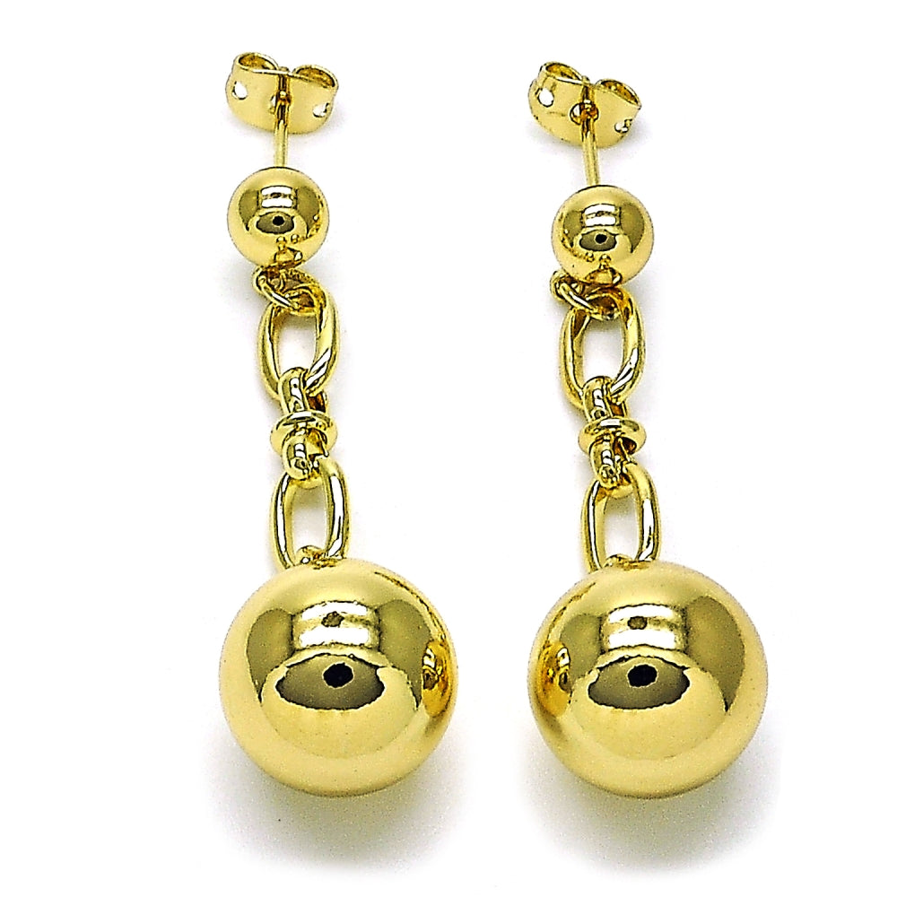 Oro Laminado Long Earring, Gold Filled Style Ball Design, Polished, Golden Finish