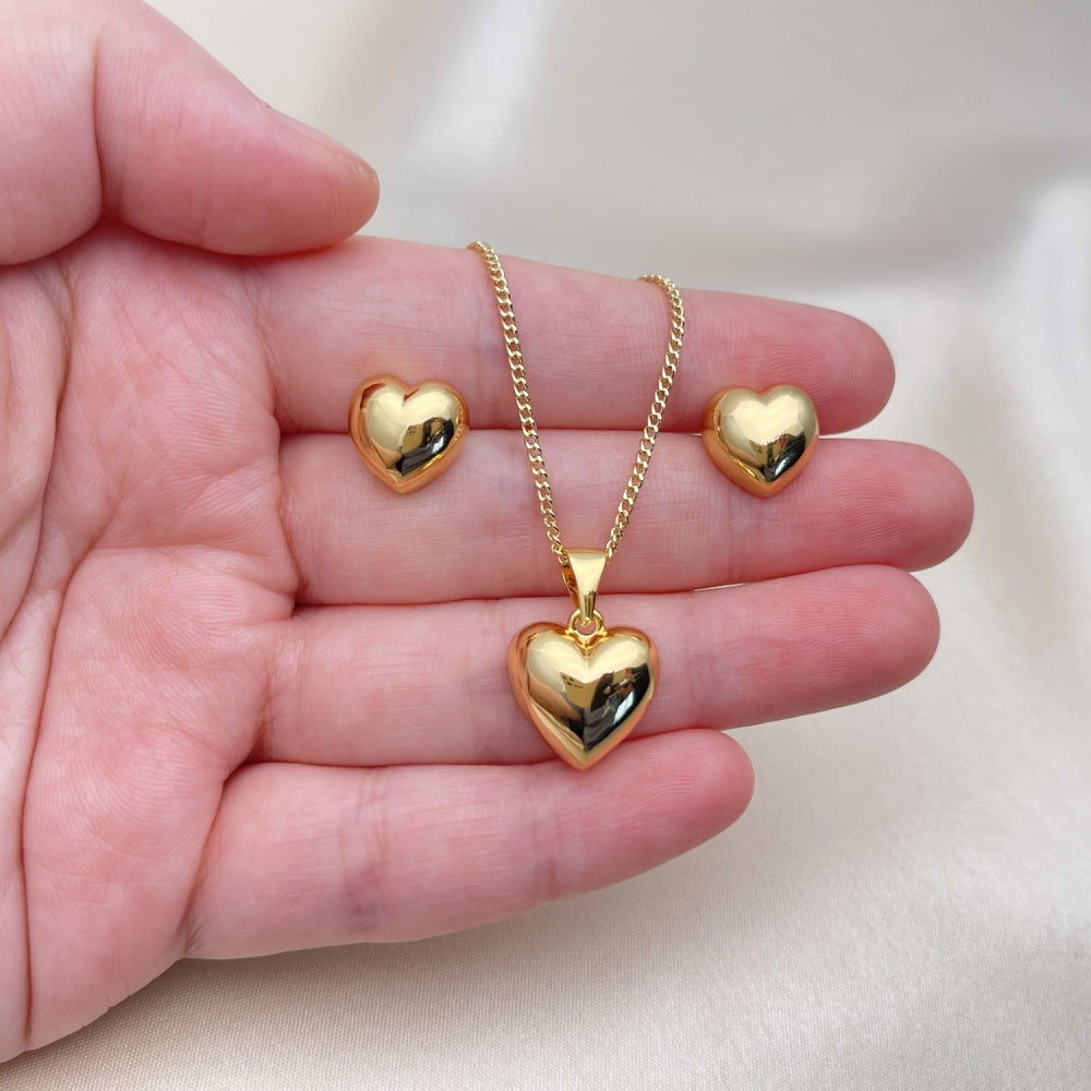 Oro Laminado Earring and Pendant Adult Set, Gold Filled Style Heart Design, Polished, Golden Finish