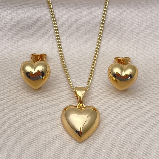 Oro Laminado Earring and Pendant Adult Set, Gold Filled Style Heart Design, Polished, Golden Finish