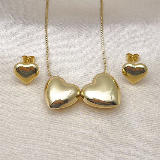 Oro Laminado Necklace and Earring, Gold Filled Style Heart and Box Design, Polished, Golden Finish