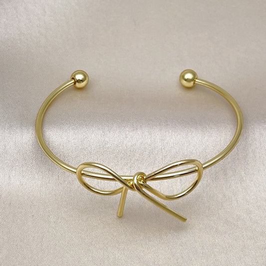 Oro Laminado Individual Bangle, Gold Filled Style Bow and Ball Design, Polished, Golden Finish