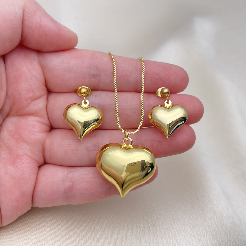 Oro Laminado Earring and Pendant Adult Set, Gold Filled Style Heart and Hollow Design, Polished, Golden Finish