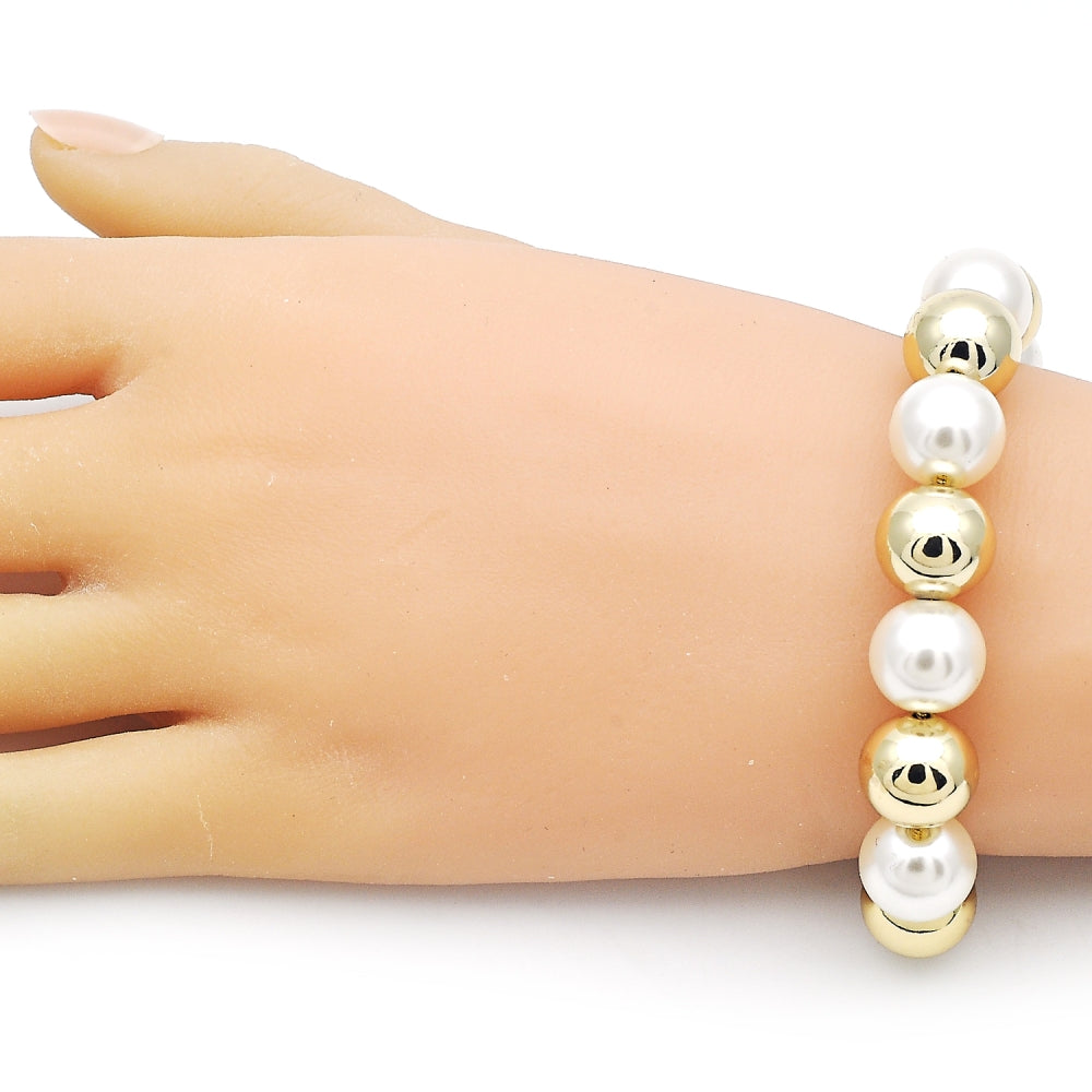 Oro Laminado Adjustable Bolo Bracelet, Gold Filled Style Ball and Rat Tail Design, with Ivory Pearl, Polished, Golden Finish