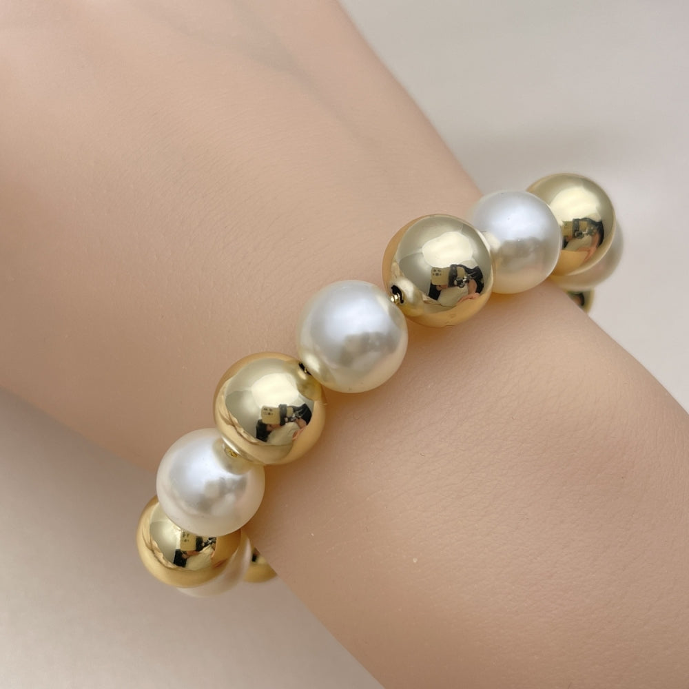 Oro Laminado Adjustable Bolo Bracelet, Gold Filled Style Ball and Rat Tail Design, with Ivory Pearl, Polished, Golden Finish