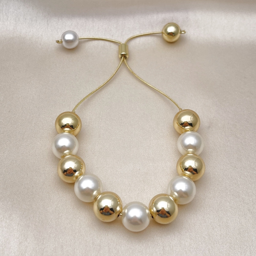 Oro Laminado Adjustable Bolo Bracelet, Gold Filled Style Ball and Rat Tail Design, with Ivory Pearl, Polished, Golden Finish