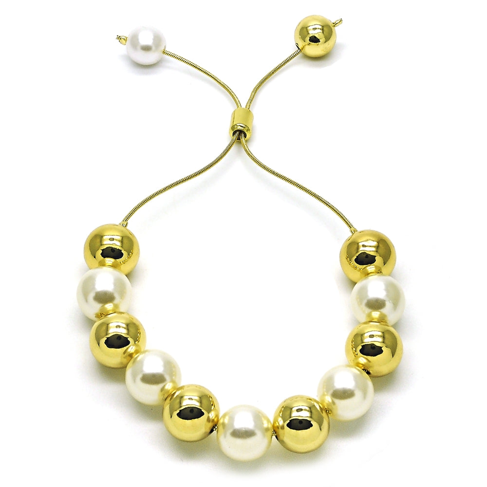Oro Laminado Adjustable Bolo Bracelet, Gold Filled Style Ball and Rat Tail Design, with Ivory Pearl, Polished, Golden Finish