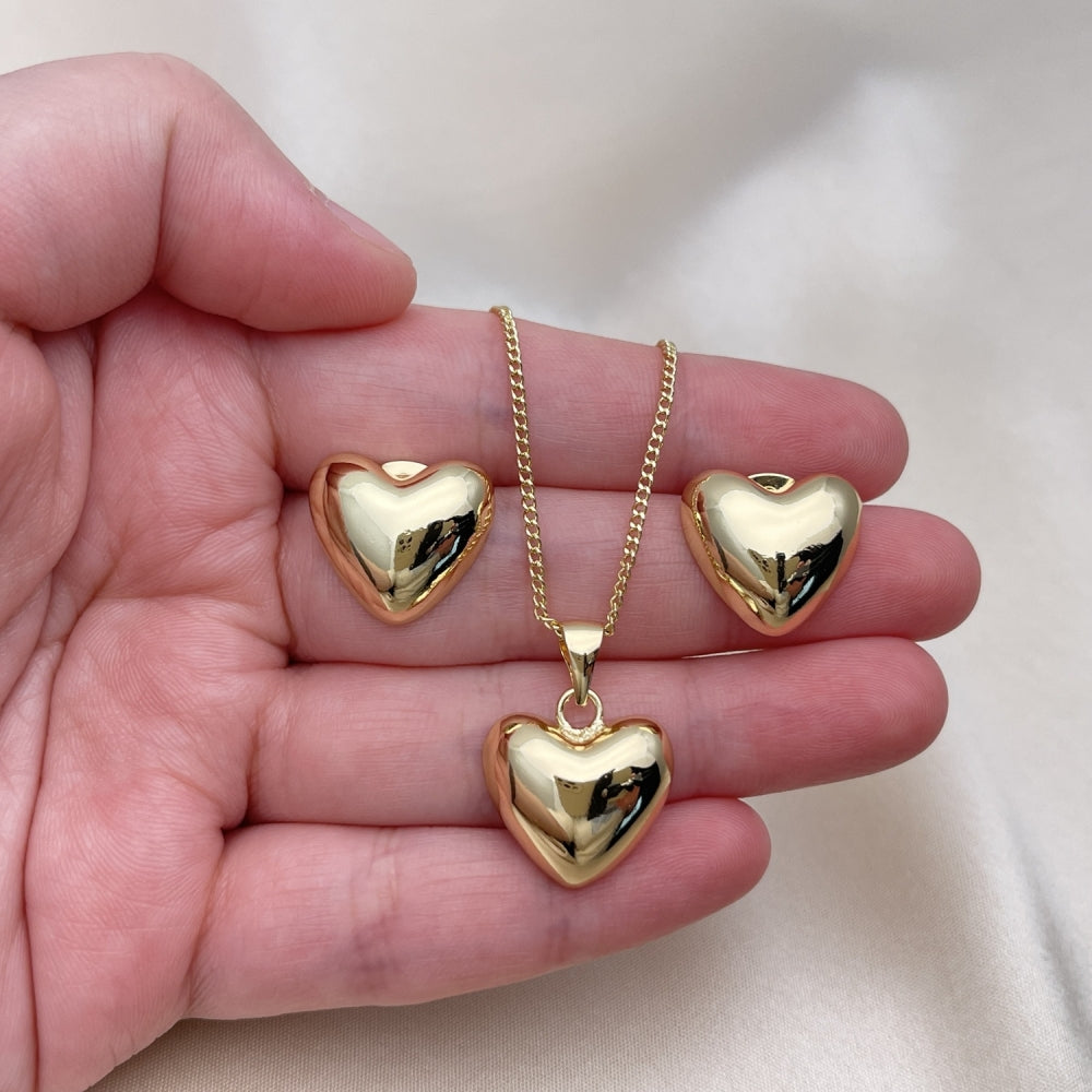 Oro Laminado Earring and Pendant Adult Set, Gold Filled Style Heart Design, Polished, Golden Finish