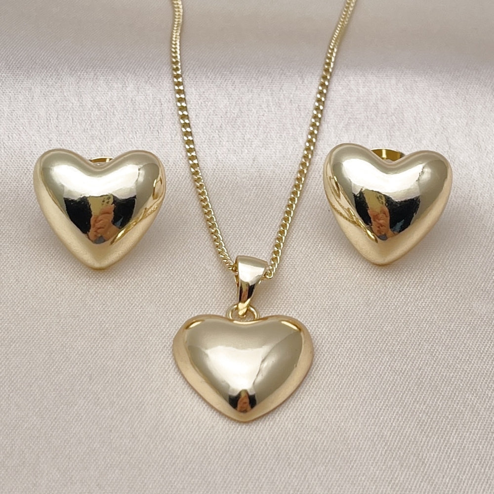 Oro Laminado Earring and Pendant Adult Set, Gold Filled Style Heart Design, Polished, Golden Finish