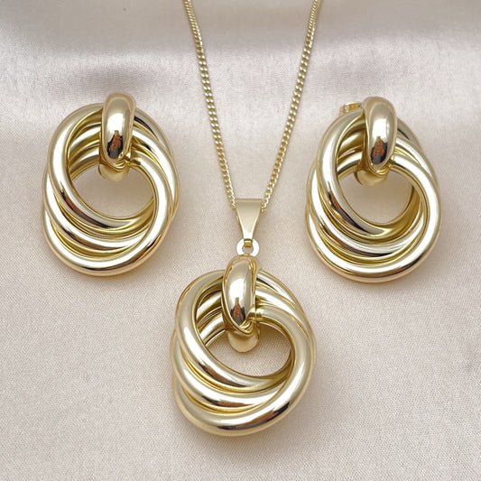 Oro Laminado Earring and Pendant Adult Set, Gold Filled Style Love Knot and Hollow Design, Polished, Golden Finish