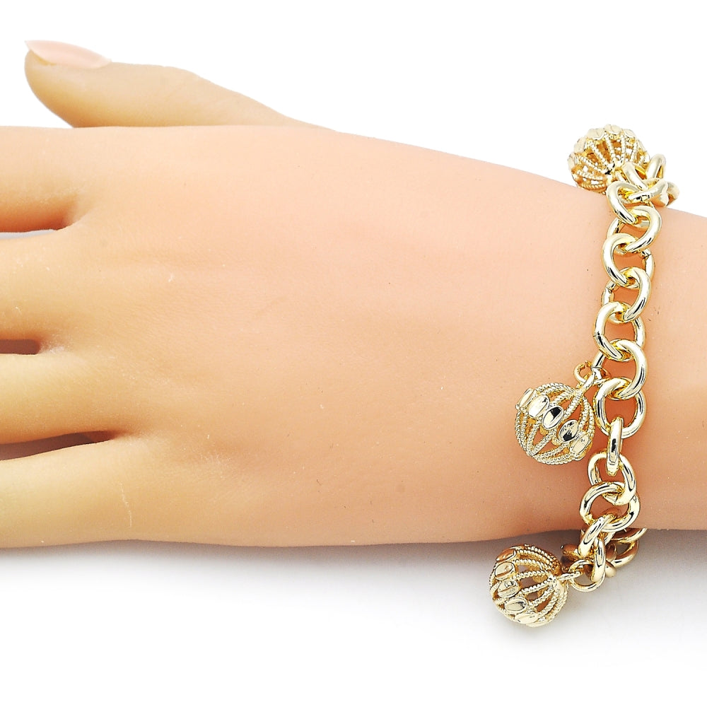 Oro Laminado Charm Bracelet, Gold Filled Style Rolo Design, Diamond Cutting Finish, Golden Finish