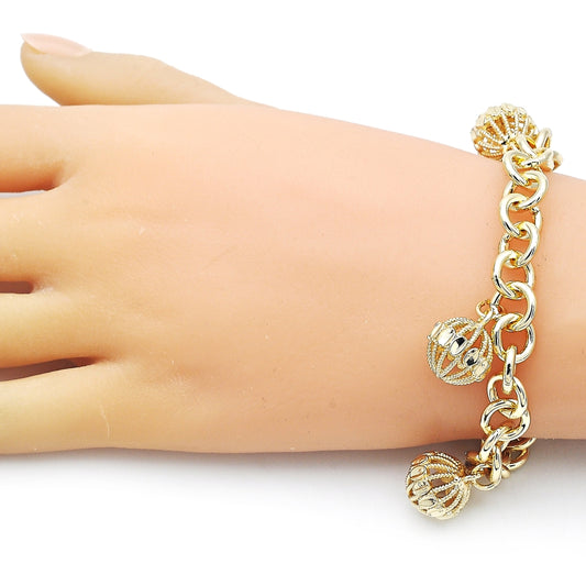 Oro Laminado Charm Bracelet, Gold Filled Style Rolo Design, Diamond Cutting Finish, Golden Finish