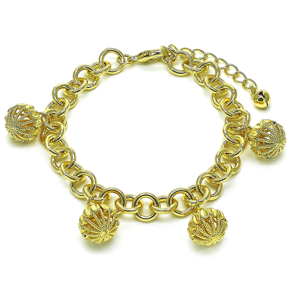 Oro Laminado Charm Bracelet, Gold Filled Style Rolo Design, Diamond Cutting Finish, Golden Finish